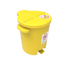 Right top-down angle view of a 6-gallon yellow FOD container with both Boltman and anti-FOD stickers on the front.