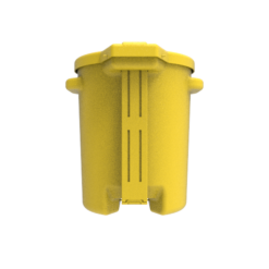 Back view of a 6-gallon yellow FOD container, highlighting its sturdy construction.