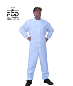 Worker modeling The FOD SUIT™ Safety Coveralls with white background. Front view of white cotton pocketless coveralls.