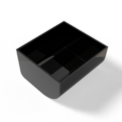 Black compartment divider facing top-right with smooth edges, rectangular shape, and four inner sections.